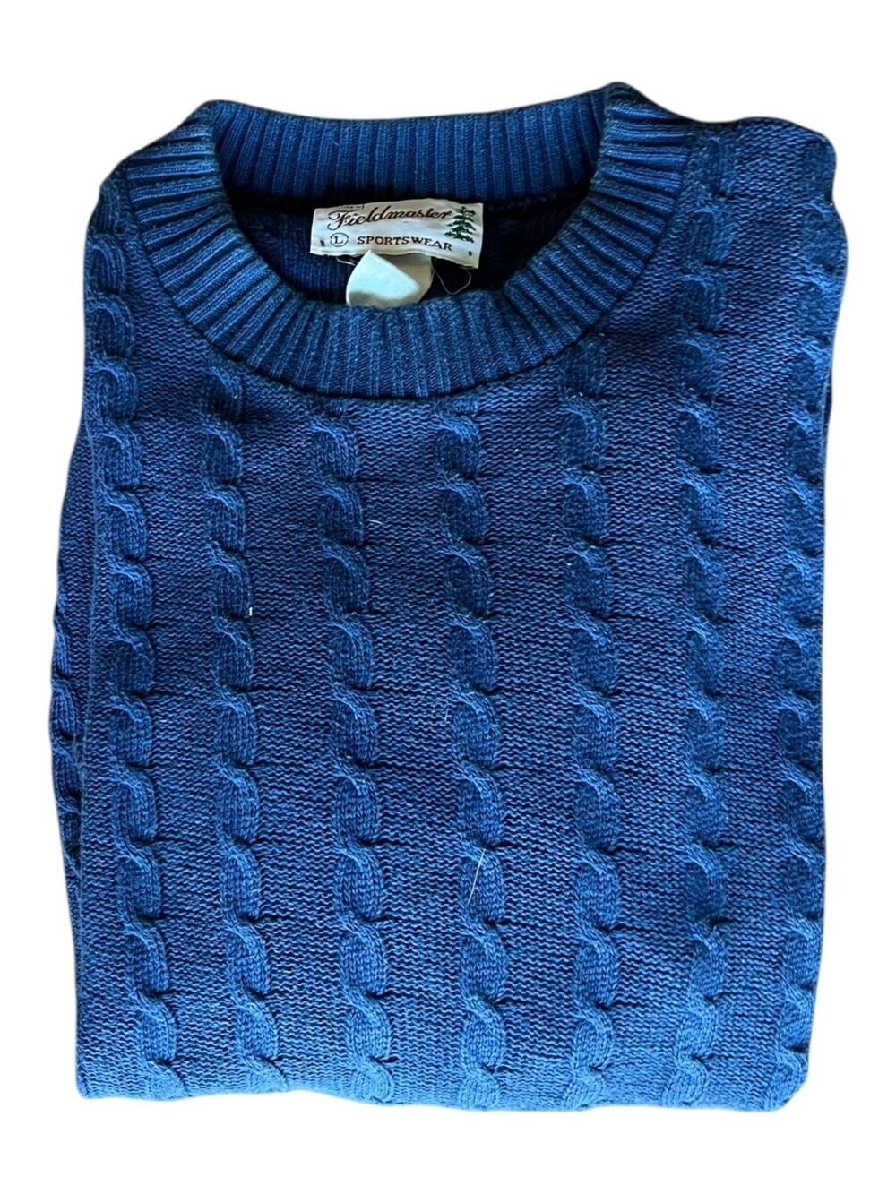 Vintage Fieldmaster Sweater Size Large Blue Crew Neck Cable Knit Pullover 90s
